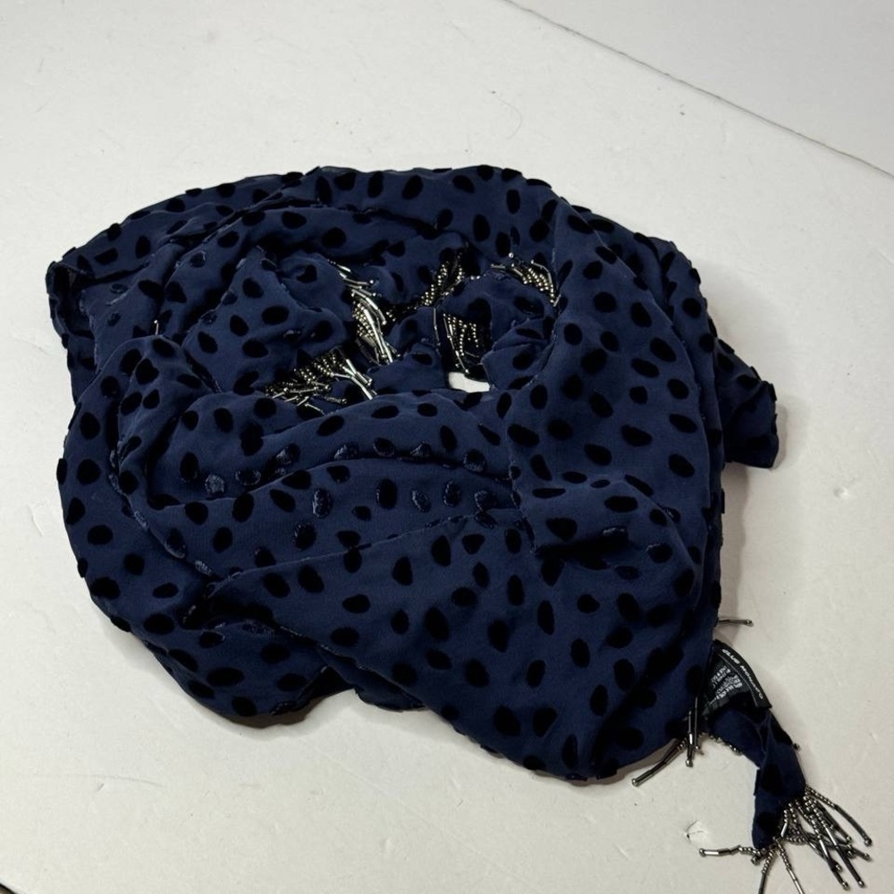 Club Monaco Silk Blend Scarf Dark Blue w Beads - Picture 6 of 6